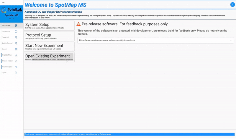 Screenshot of SpotMap MS software interface showing LC-MS host cell protein quantification output