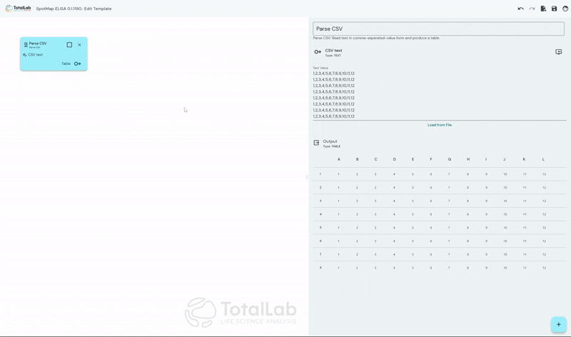 GIF showing how SpotMap ELISA software imports a .CSV plate reader file to automate host cell protein (HCP) quantification via ELISA, streamlining data parsing and analysis