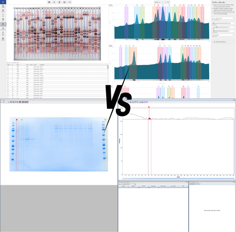 Side-by-side screenshot comparison of Phoretix 1D and GelAnalyzer software interfaces showing 1D gel analysis features