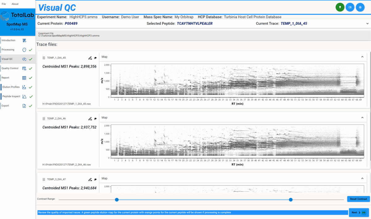 Visual QC display of LC-MS data integrity in SpotMap MS software