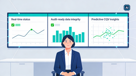 Pharma QC manager in a control room viewing AI-enabled CQV dashboards with real-time status, audit-ready data integrity and predictive validation insights.