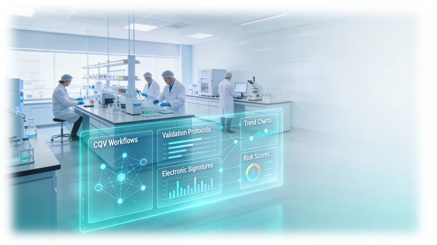 AI-enabled CQV dashboard in a modern pharma QC laboratory, showing digital validation workflows, trend charts and risk-based quality insights for large pharmaceutical teams.