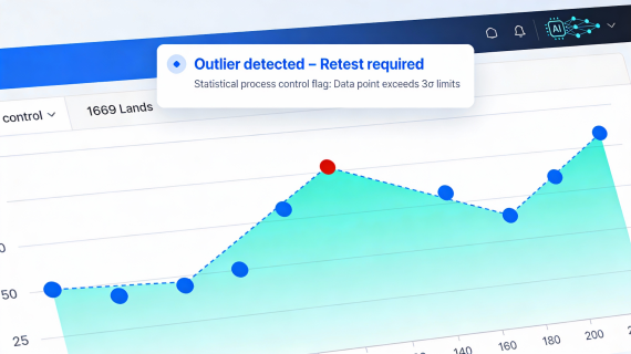 QC trending chart in an AI-enabled CQV dashboard showing a statistical outlier and an automated alert prompting the user to retest that data point in a pharma QC lab.