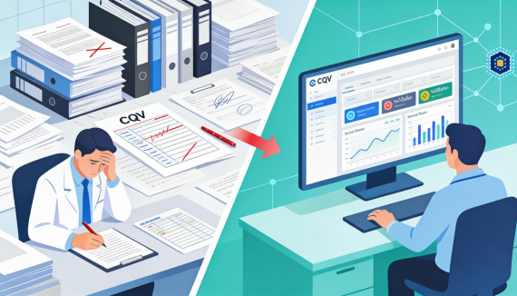 Before-and-after illustration of pharma CQV, showing a stressed QC scientist managing paper-based validation on the left and an AI-enabled digital CQV dashboard on the right
