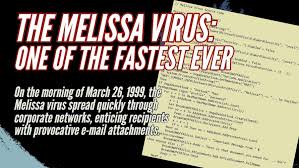 Melissa virus VBA macro attack March 1999 showing how Excel macros spread malware through corporate email networks causing cybersecurity damage