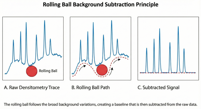 Diagram illustrating the rolling ball background subtraction principle in 1D gel analysis, showing a red sphere mapping the baseline of a raw densitometry trace to isolate the true protein signal