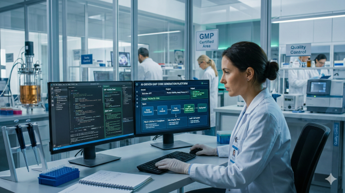 Conceptual image of AI code generation in a life science and GMP regulated laboratory software environment