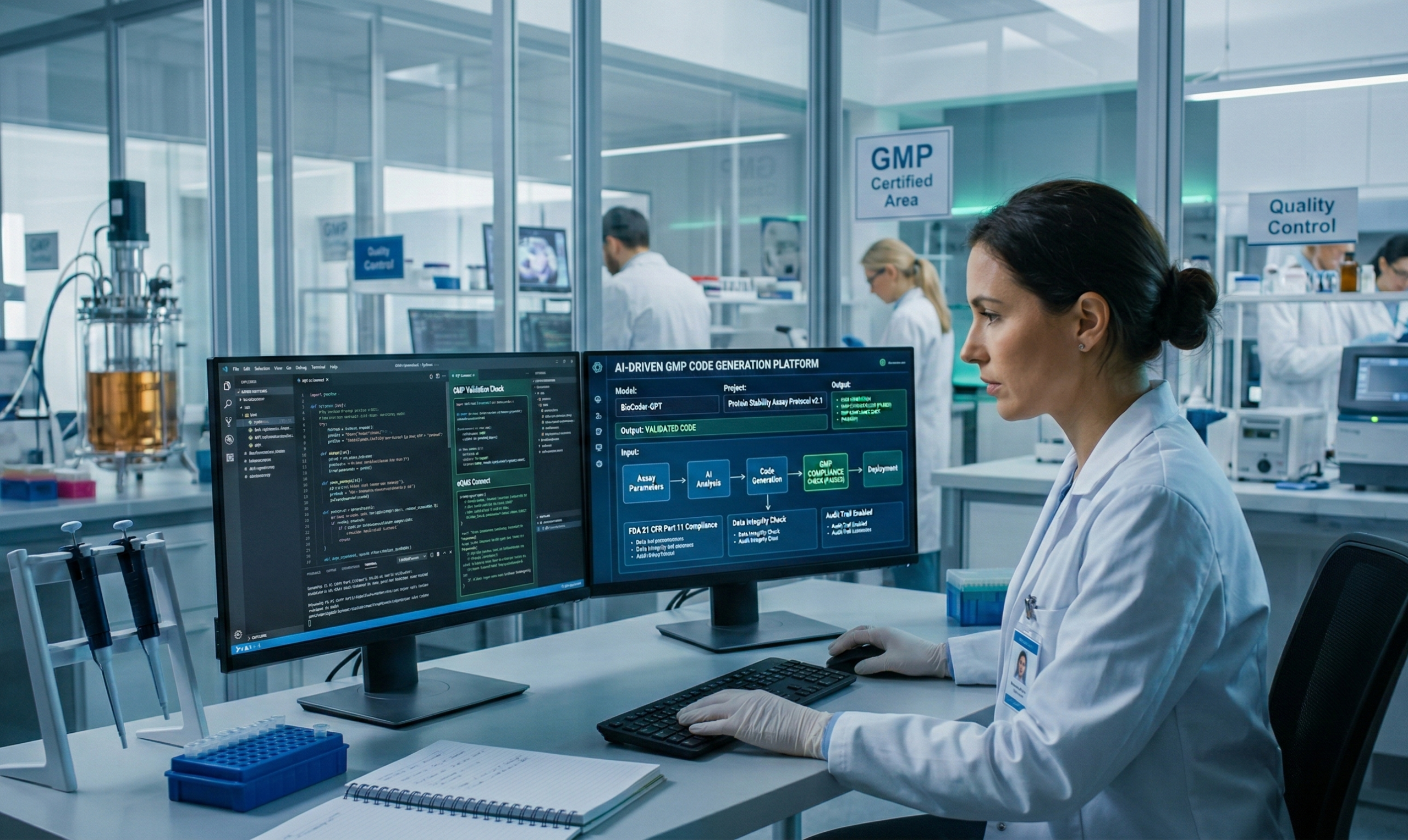 Conceptual image of AI code generation in a life science and GMP regulated laboratory software environment