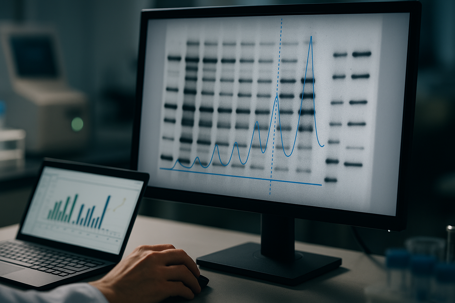 Scientist analysing western blot bands and densitometry profile using gel analysis software on a desktop monitor
