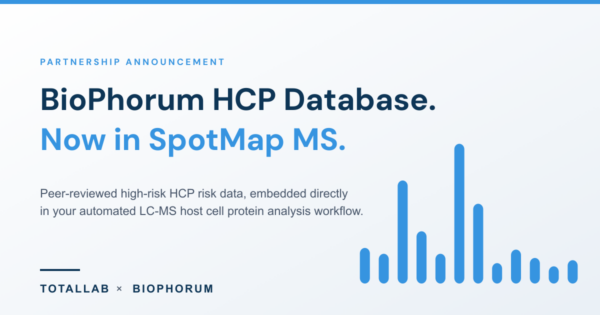 BioPhorum high-risk HCP risk data displayed inside SpotMap MS LC-MS analysis software after the TotalLab BioPhorum integration