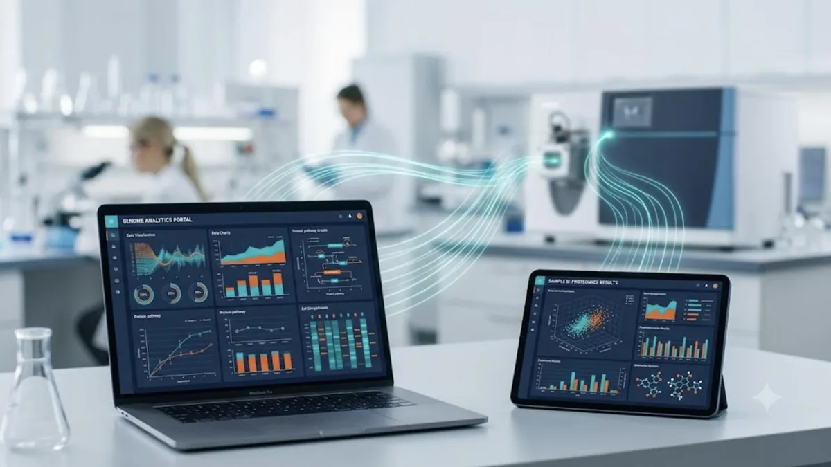 Laptop and tablet in a life-science lab running custom data-analysis software linked to an analytical instrument