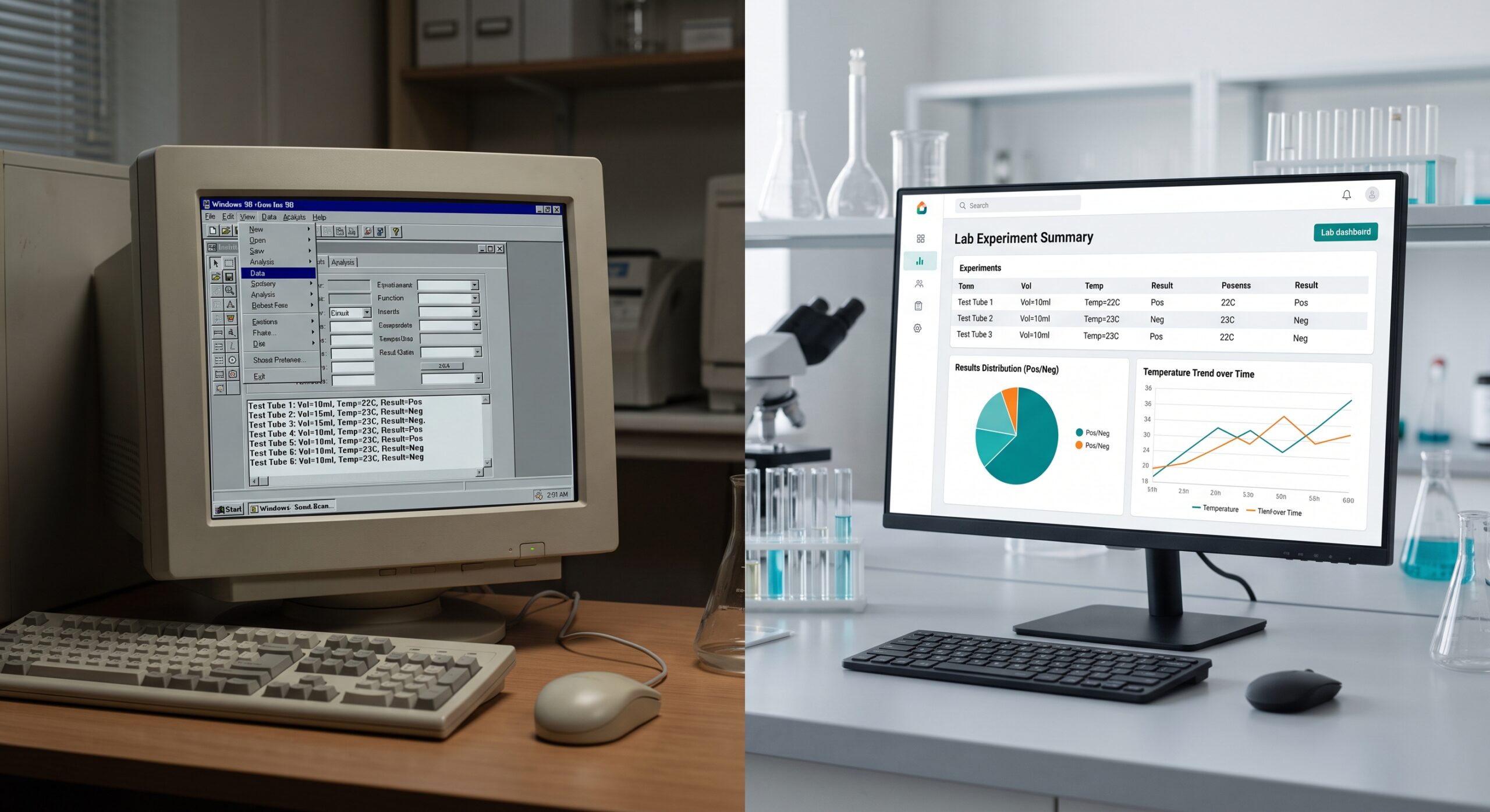 Before and after comparison of legacy laboratory software modernization, showing an outdated scientific application interface transformed into a clean, modern analytical dashboard by TotalLab