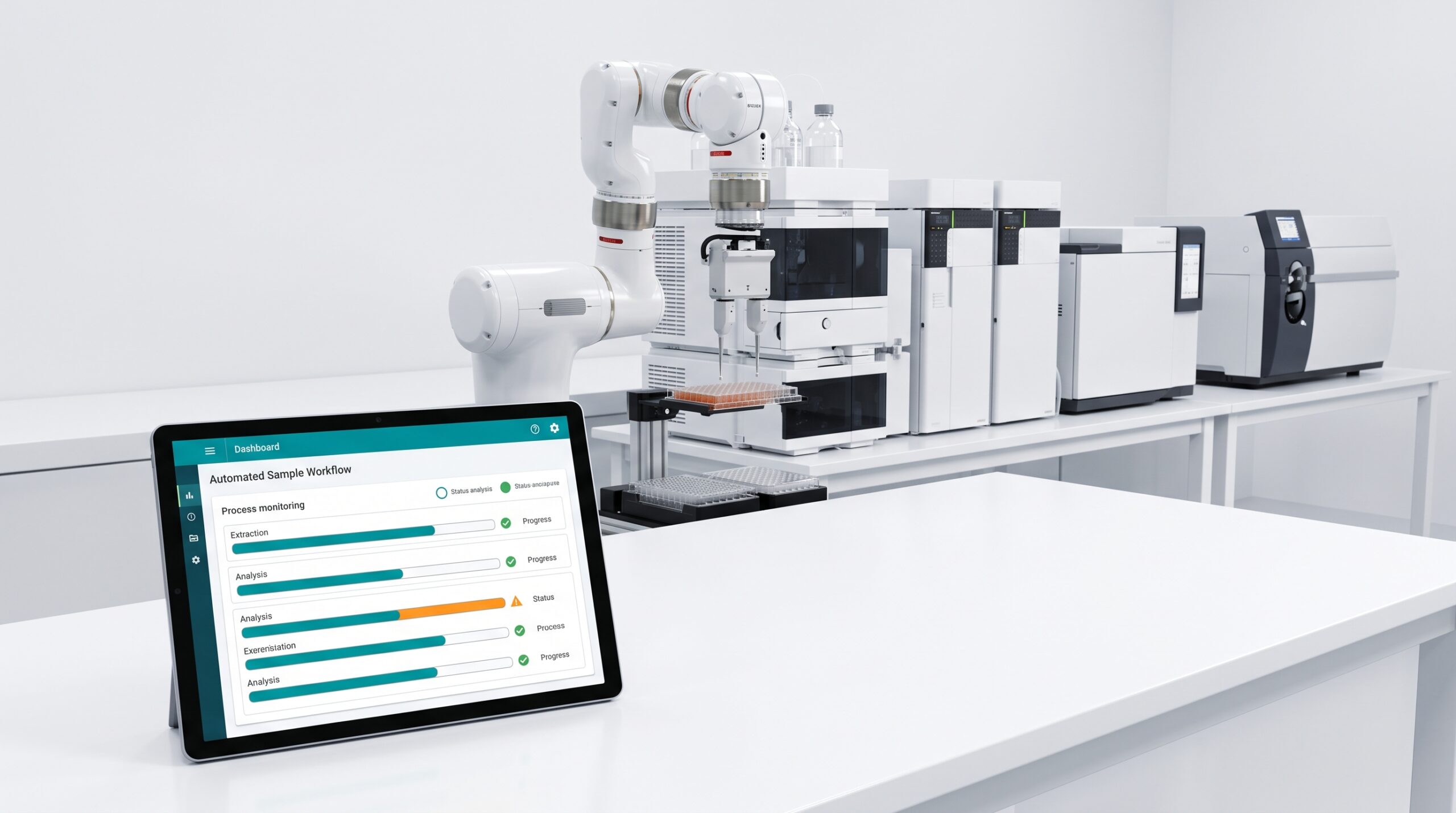 Automated laboratory workflow with robotic sample handling and real-time process monitoring dashboard, representing TotalLab's laboratory automation and business process automation services for life science organizations