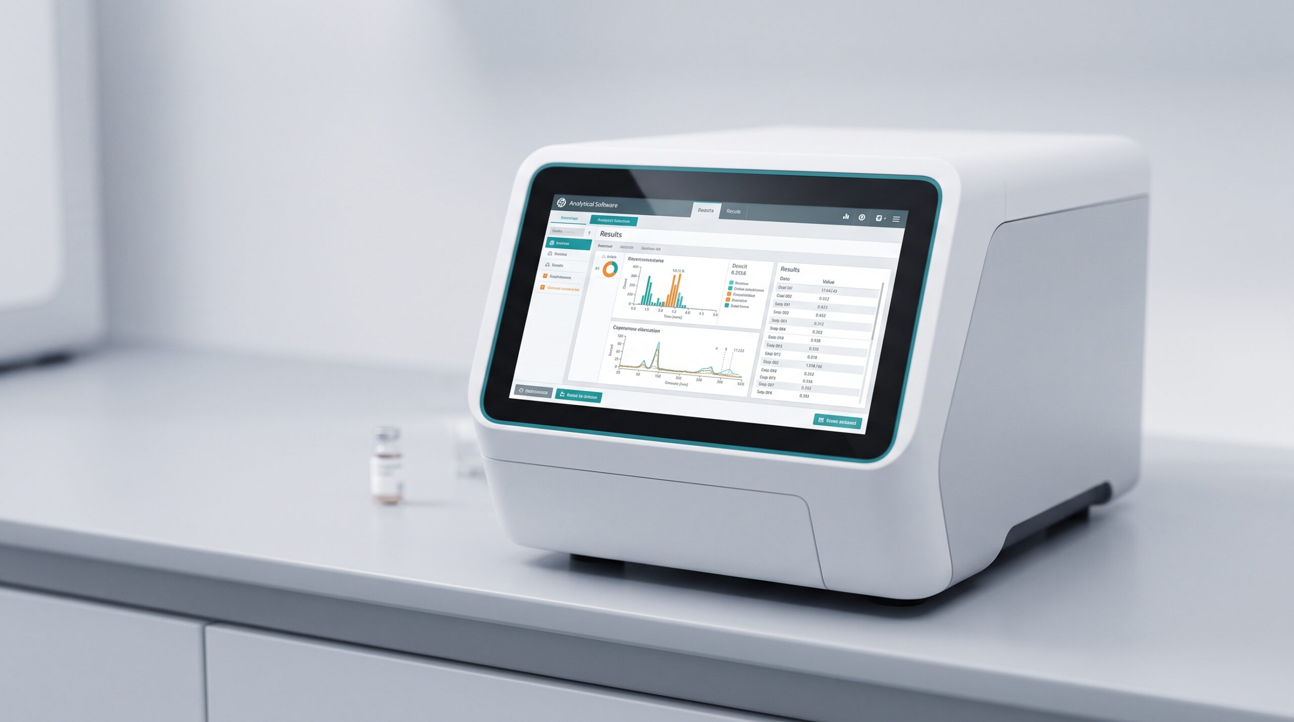 TotalLab OEM software displayed on an integrated laboratory instrument touchscreen, showing branded analytical data visualizations for life science equipment manufacturers