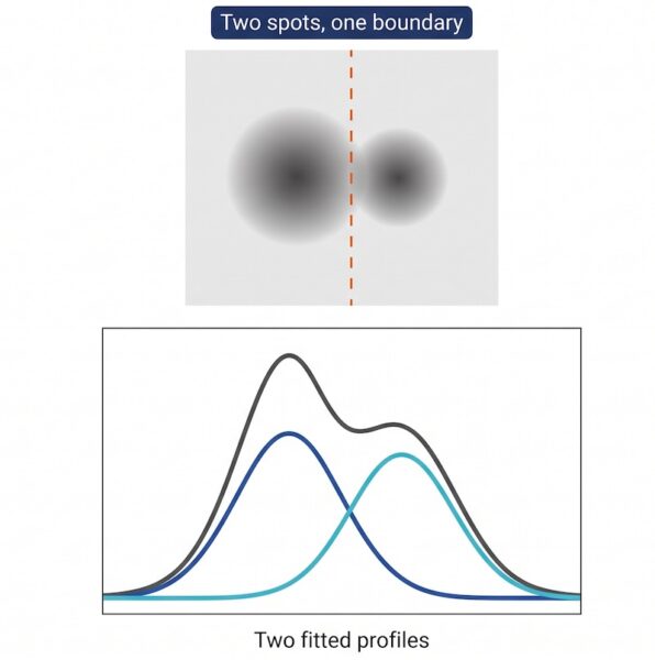 Overlapping protein spots on a 2D gel with two fitted intensity profiles separating their volumes