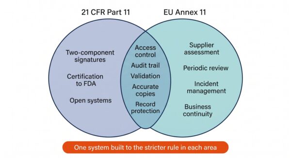 Venn diagram of EU Annex 11 vs 21 CFR Part 11 showing shared controls and where each regulation goes further