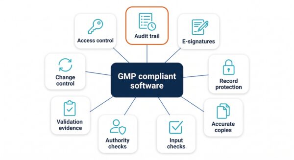 The nine technical controls GMP compliant software must provide, from access control to change control