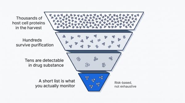Funnel diagram narrowing thousands of host cell proteins down to a short monitoring list for drug substance