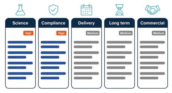 Twenty questions for a life science software development partner grouped into science, compliance, delivery, long term and commercial