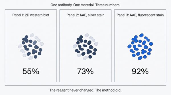 One anti-HCP antibody measured three ways, giving 55, 73 and 92 percent coverage on the same material