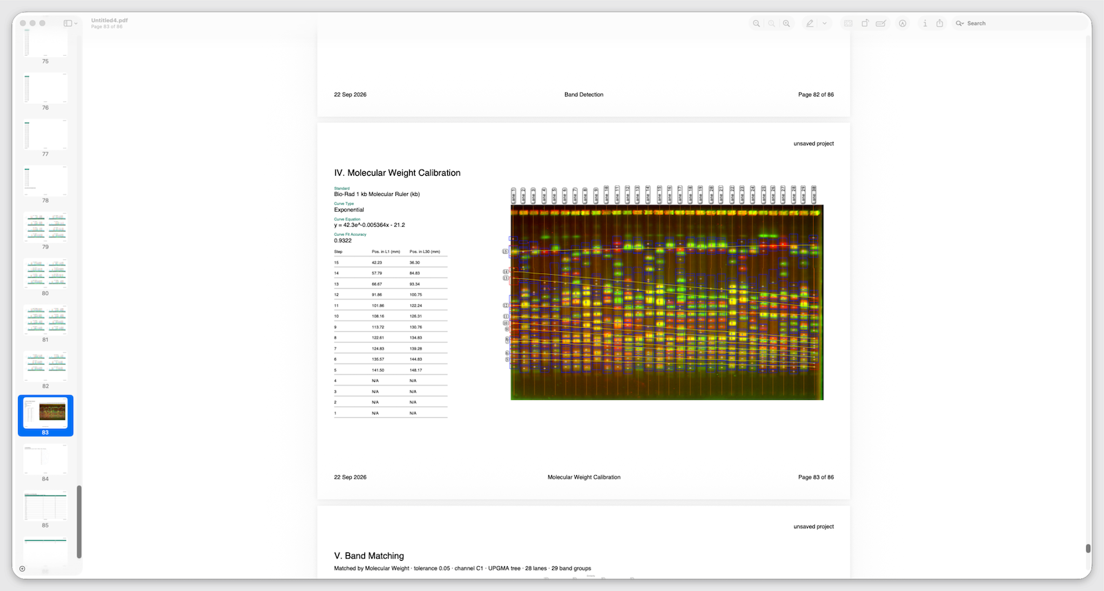 Phoretix 1D PDF report page showing molecular weight calibration curve, fitted equation, fit accuracy and band detection parameters