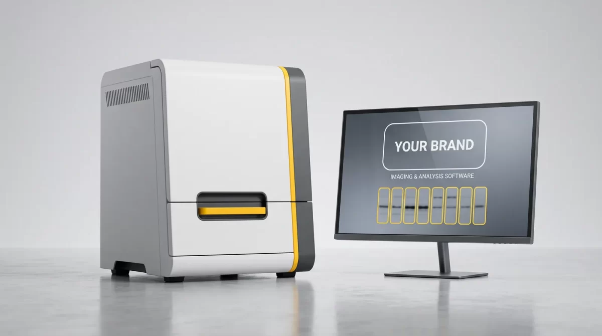 Generic gel documentation imager with a monitor showing white-label analysis software ready for a manufacturer's brand
