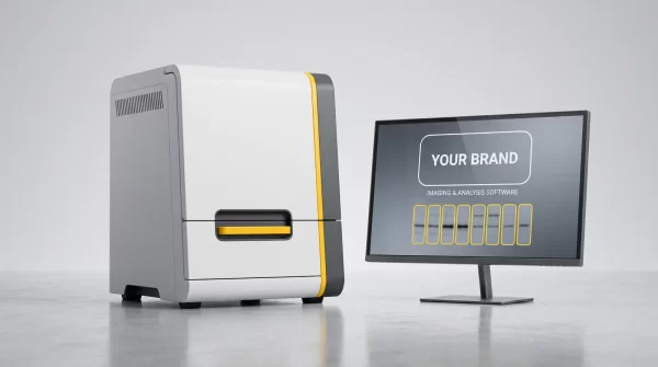 Generic gel documentation imager with a monitor showing white-label analysis software ready for a manufacturer's brand