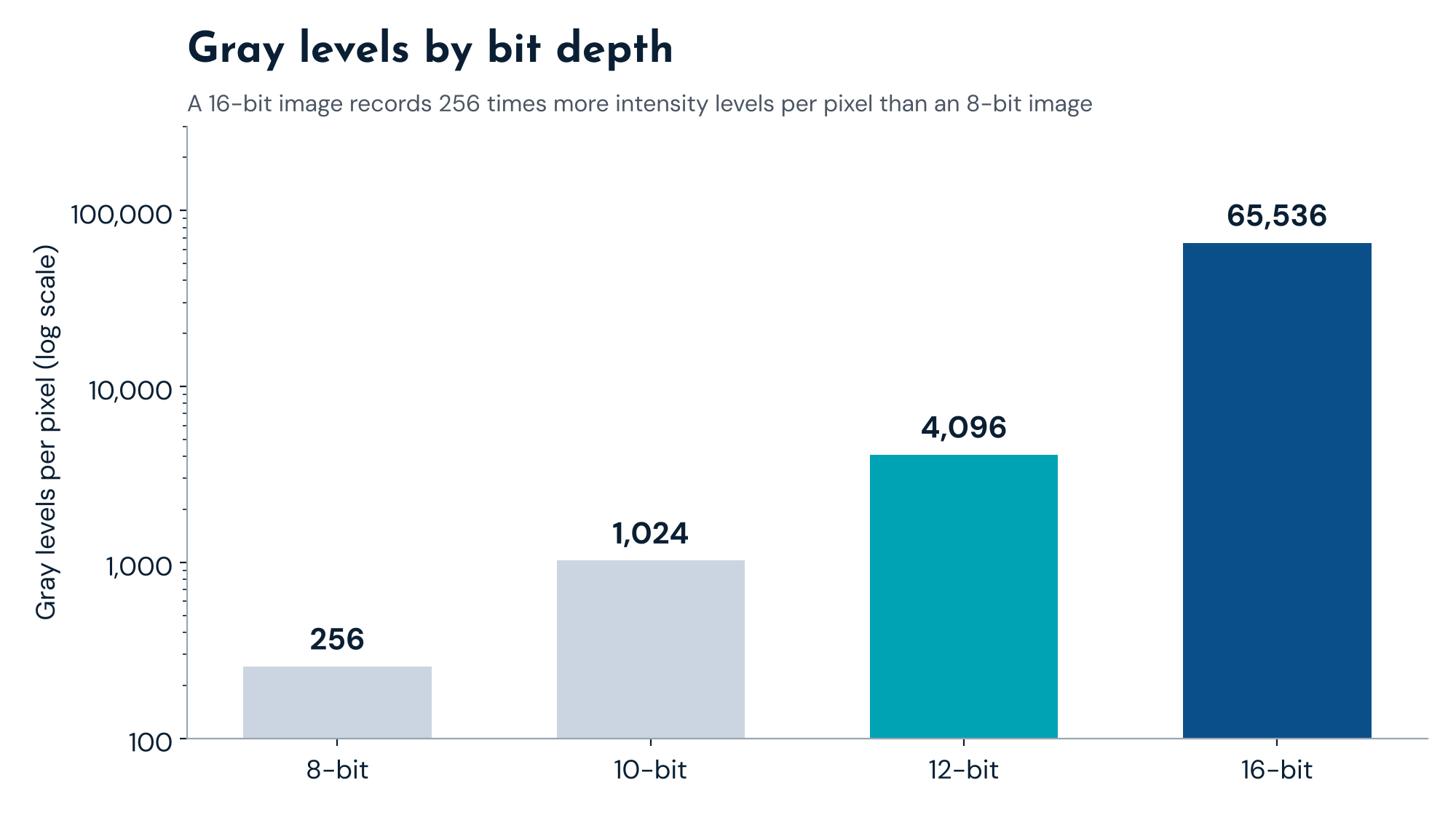 Bar chart of gray levels per pixel by bit depth: 256 at 8-bit, 1,024 at 10-bit, 4,096 at 12-bit and 65,536 at 16-bit