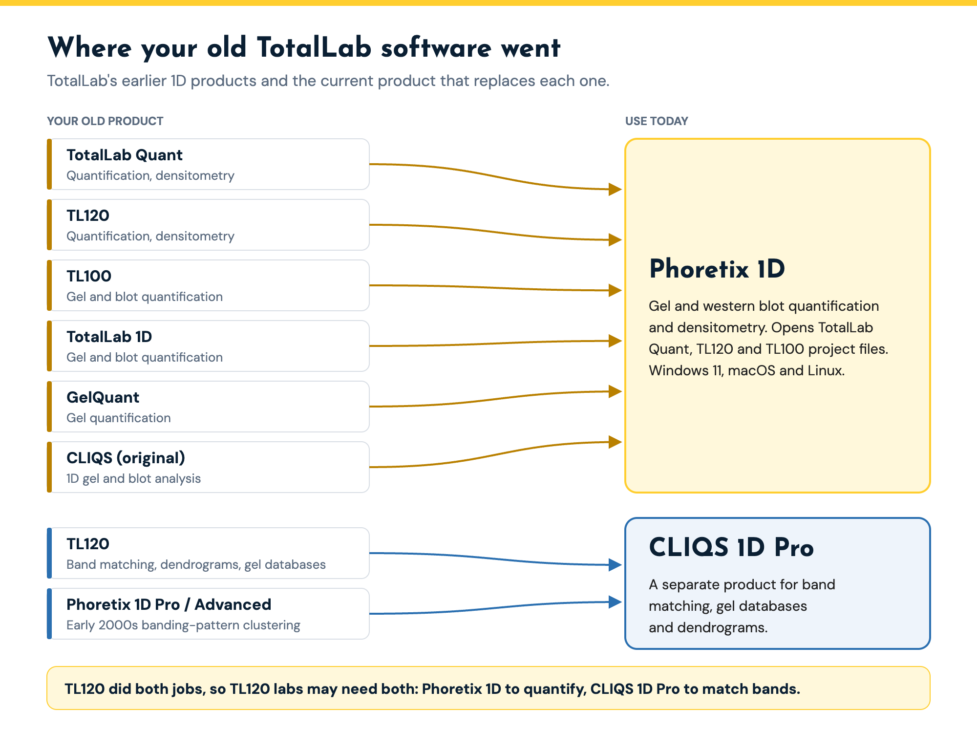 Where TotalLab’s older 1D software went: TotalLab Quant, TL120 (quantification), TL100, TotalLab 1D, GelQuant and the original CLIQS are replaced by Phoretix 1D, while TL120 band matching, dendrograms and gel databases and the old Phoretix 1D Pro or Advanced are replaced by CLIQS 1D Pro.